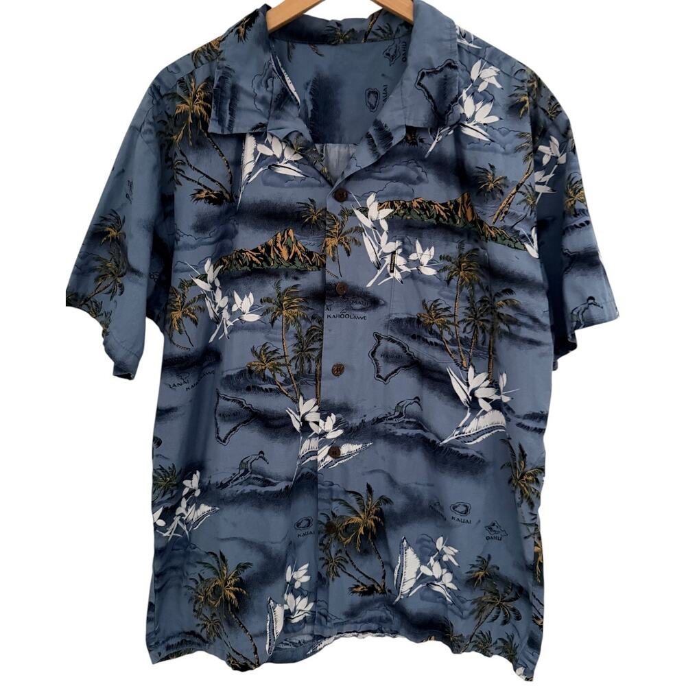 Palmwave Hawaiian Shirt Mens XL Gray Blue Island Floral Aloha Button Up